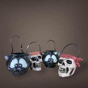4 Halloween Candy Buckets – 2 Rubie's‎ Pirate Skulls, 2 General Foam? Black Cats